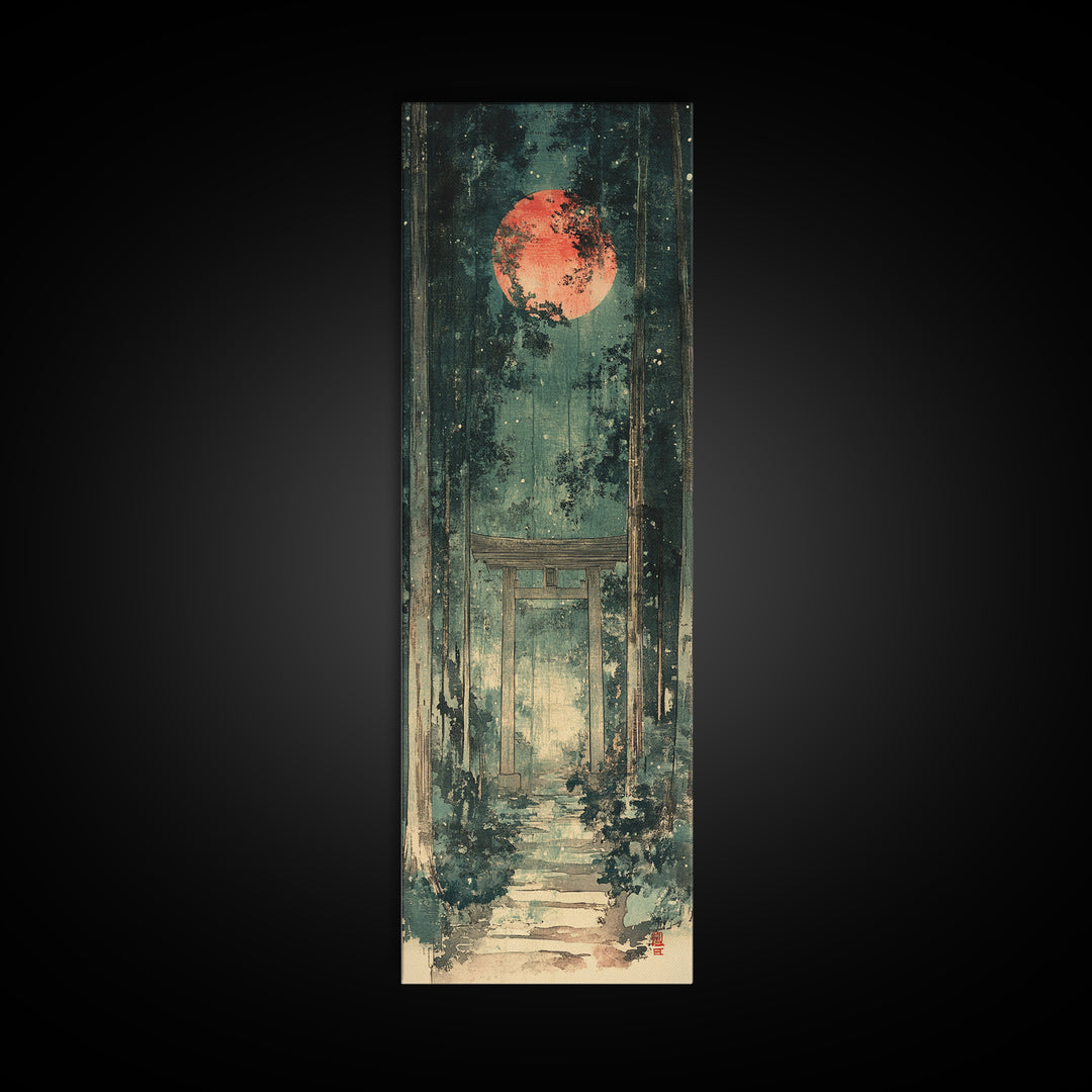 Red Moon Forest Shrine Wall Art, Mystical Torii Gate Canvas Print, Japanese Zen Decor, Dark Green Celestial Wall Art, Meditation Decor