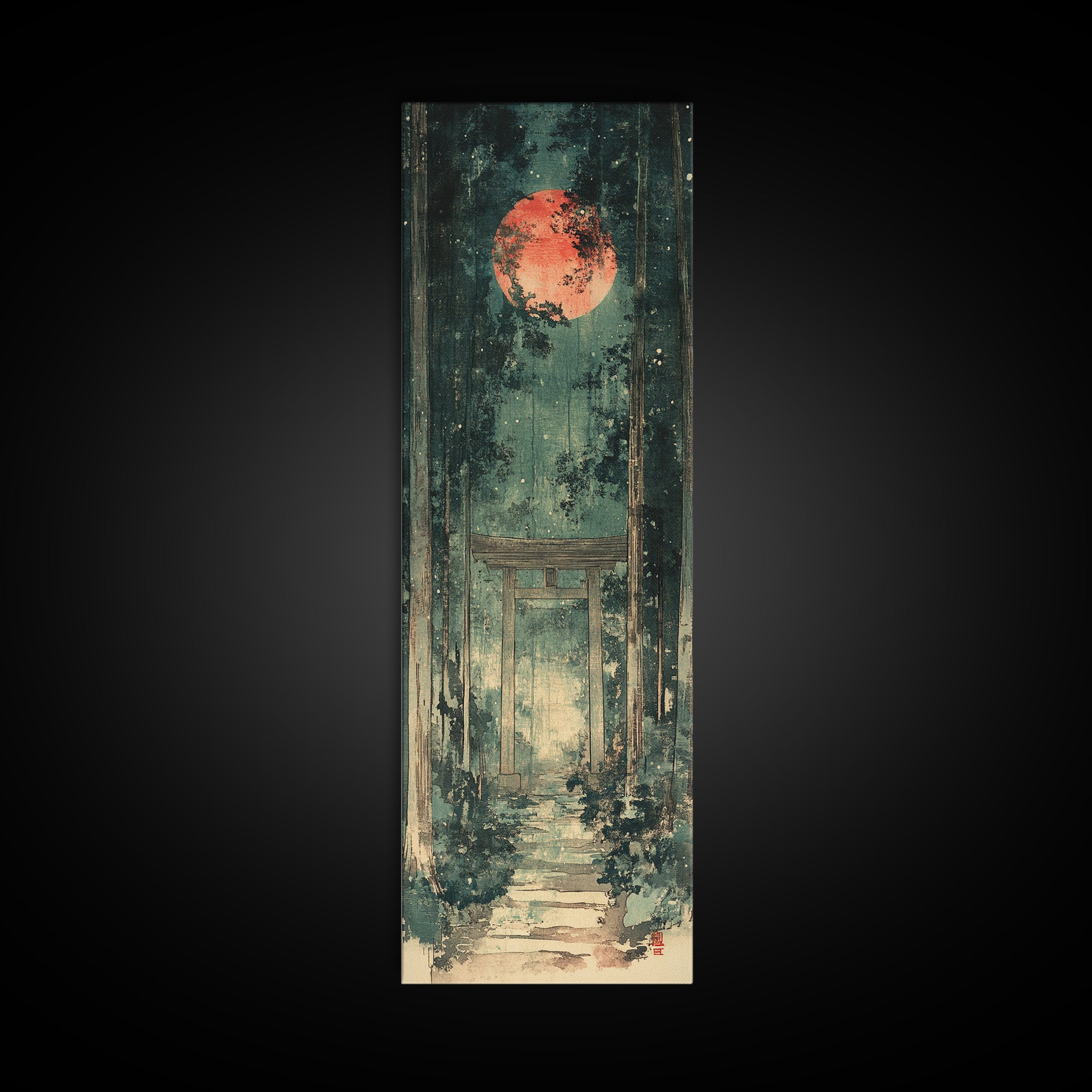 Red Moon Forest Shrine Wall Art, Mystical Torii Gate Canvas Print, Japanese Zen Decor, Dark Green Celestial Wall Art, Meditation Decor