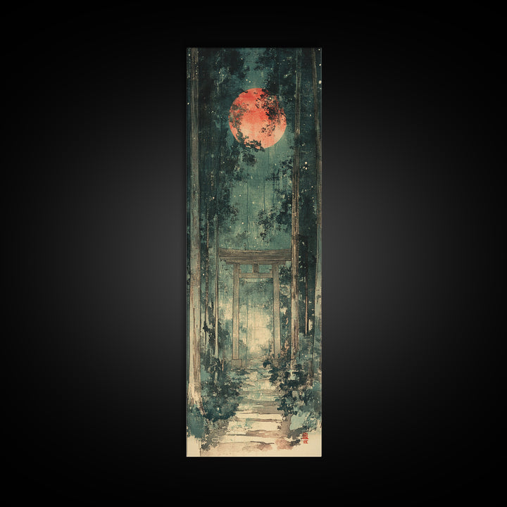 Red Moon Forest Shrine Wall Art, Mystical Torii Gate Canvas Print, Japanese Zen Decor, Dark Green Celestial Wall Art, Meditation Decor