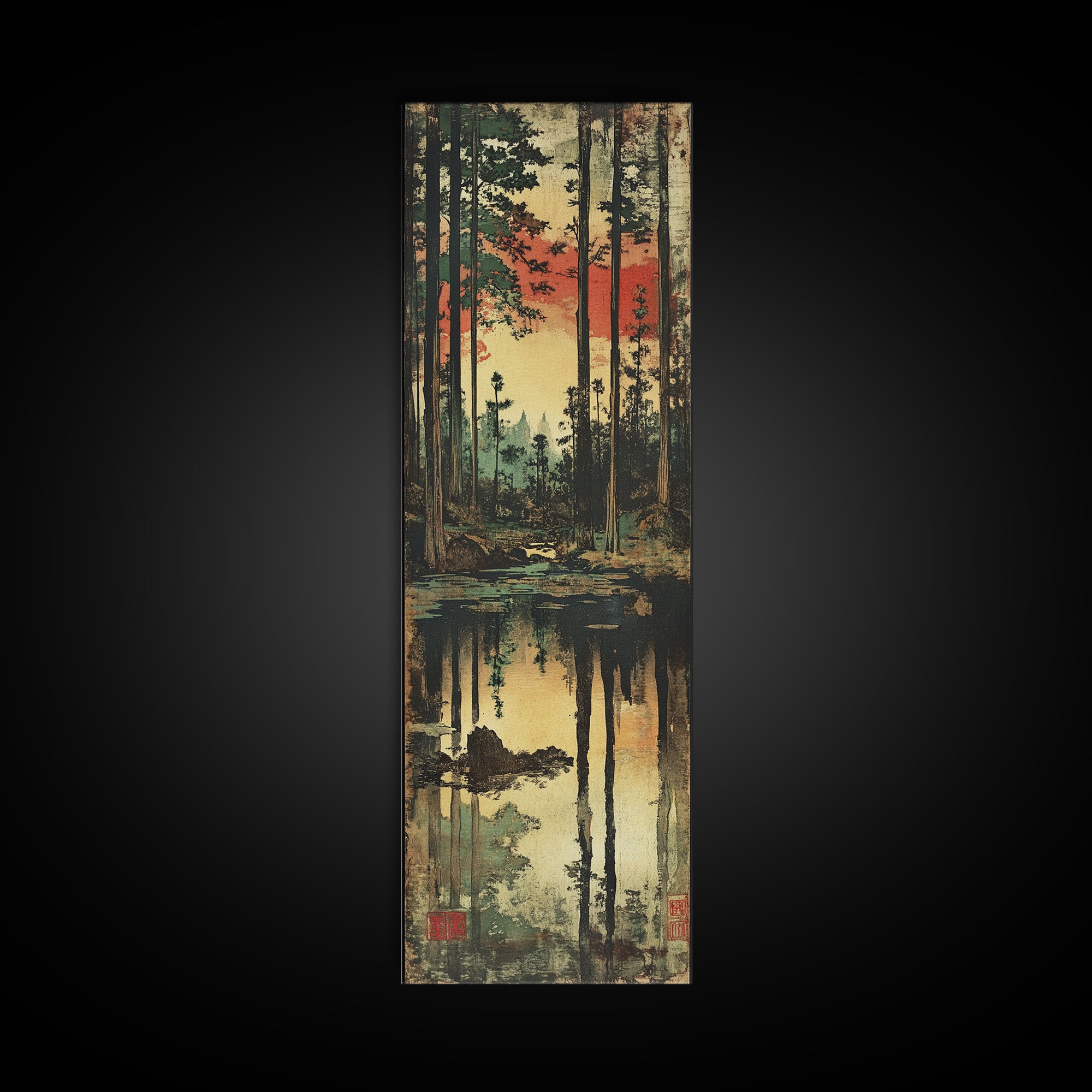 Sunset Pine Forest Wall Art, Reflective Woodland Stream Canvas Print, Rustic Cabin Decor, Moody Nature Landscape Art, Gift For Her