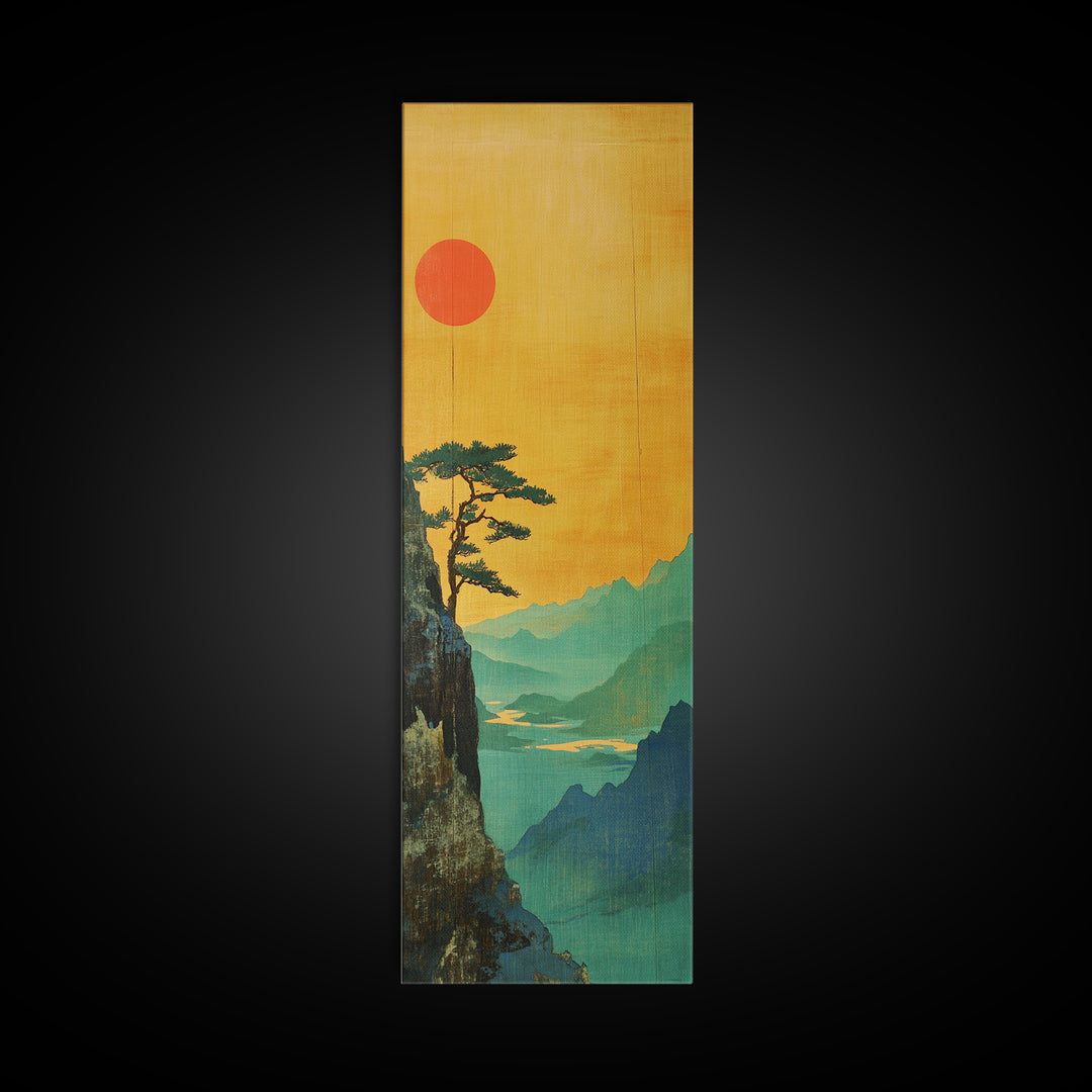Orange Sun Cliff Pine Mountain Wall Art, Japanese Landscape Canvas Print, Japandi Home Decor, Long Narrow Wall Decor Gift