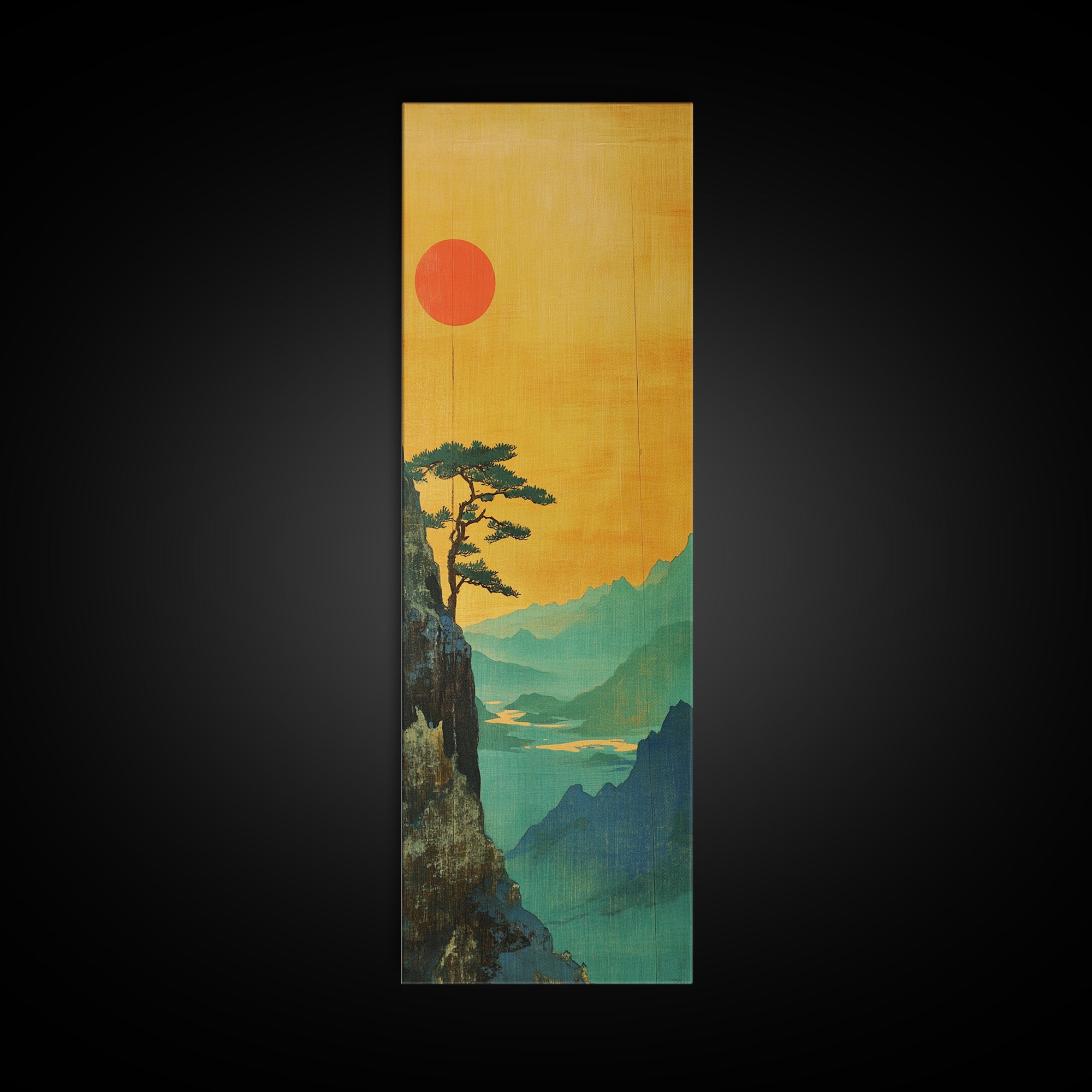 Orange Sun Cliff Pine Mountain Wall Art, Japanese Landscape Canvas Print, Japandi Home Decor, Long Narrow Wall Decor Gift