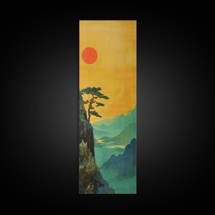 Orange Sun Cliff Pine Mountain Wall Art, Japanese Landscape Canvas Print, Japandi Home Decor, Long Narrow Wall Decor Gift