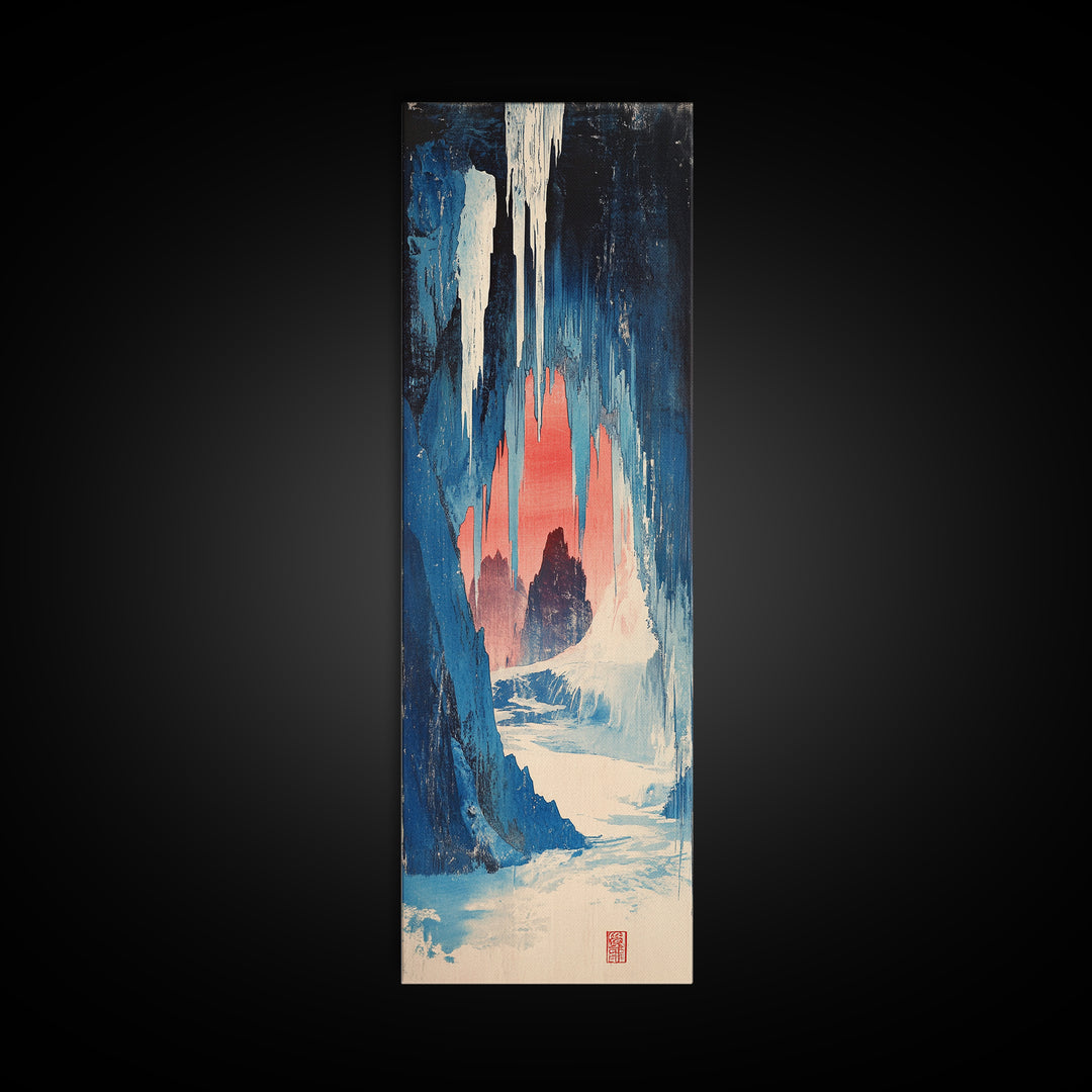 Blue Ice Cave Figure Canvas Print, Japanese Fantasy Wall Art, Moody Winter Landscape Decor, Long Narrow Wall Decor Gift For Her