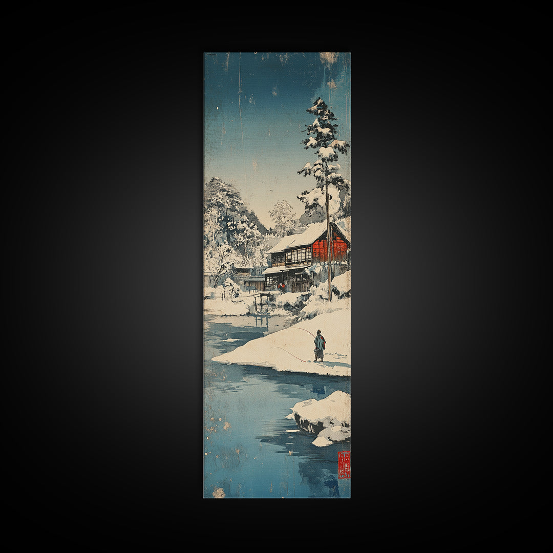 Snowy Japanese Cabin River Wall Art, Winter Landscape Canvas Print, Japandi Home Decor, Long Narrow Wall Decor Gift For Him