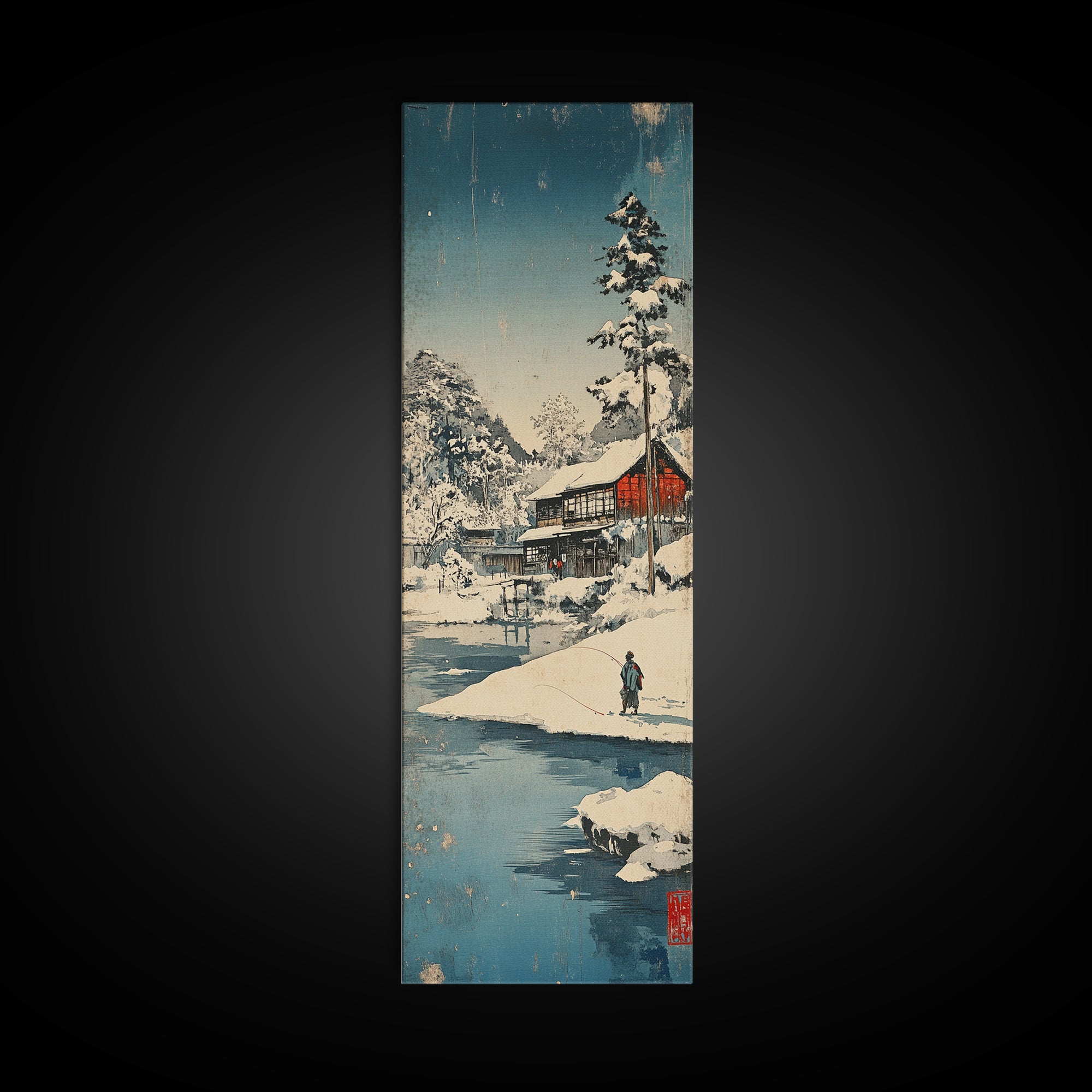 Snowy Japanese Cabin River Wall Art, Winter Landscape Canvas Print, Japandi Home Decor, Long Narrow Wall Decor Gift For Him
