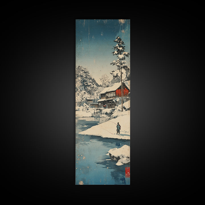 Snowy Japanese Cabin River Wall Art, Winter Landscape Canvas Print, Japandi Home Decor, Long Narrow Wall Decor Gift For Him