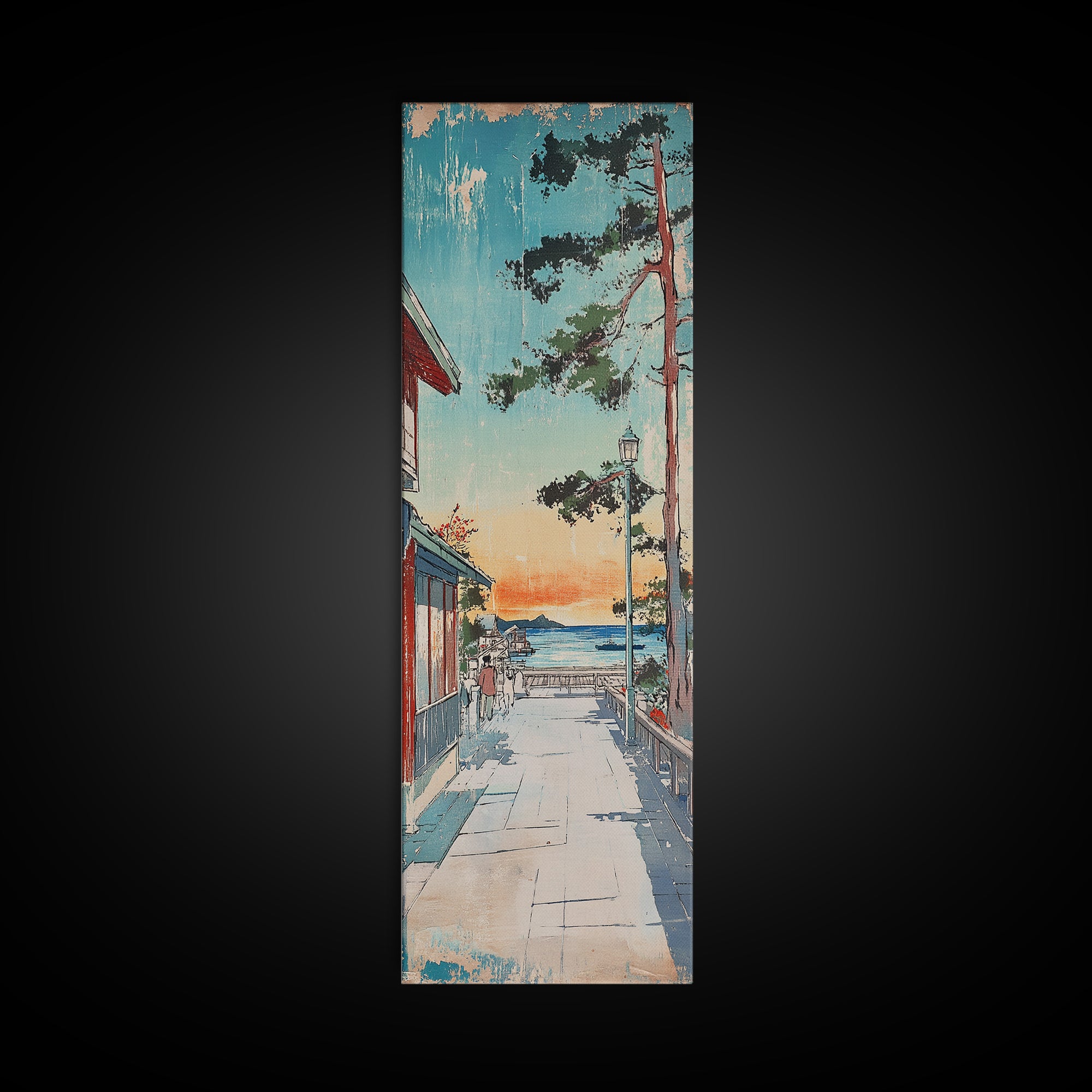 Japanese Seaside Village Sunset Wall Art, Coastal Landscape Canvas Print, Japandi Home Decor, Long Narrow Wall Decor Gift