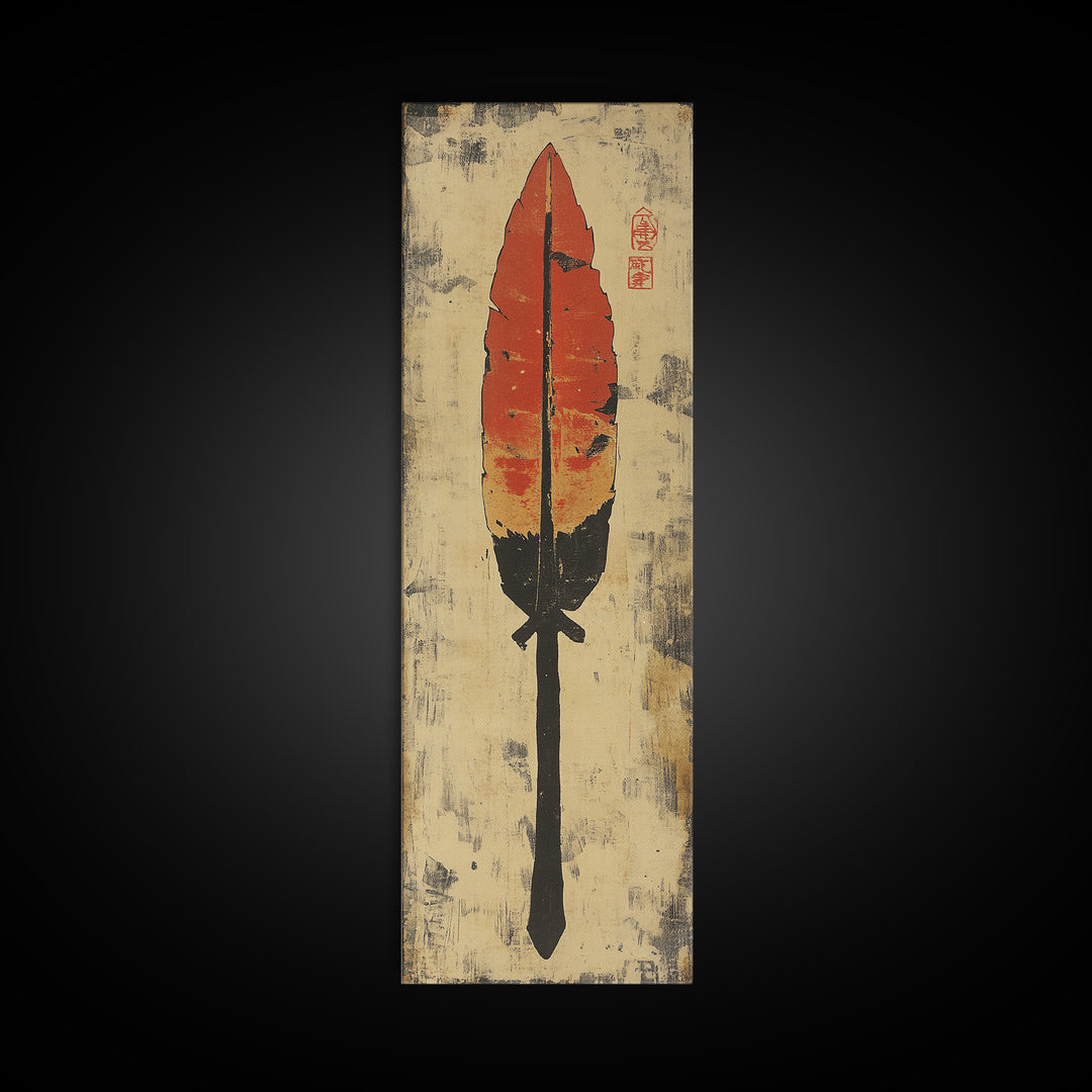 Red Feather Arrow Wall Art, Rustic Tribal Canvas Print, Southwestern Boho Decor, Indigenous Inspired Living Room Decor Gift