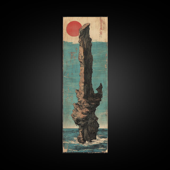 Red Sun Sea Stack Wall Art, Japanese Coastal Canvas Print, Dramatic Ocean Rock Landscape Print, Japandi Living Room Decor
