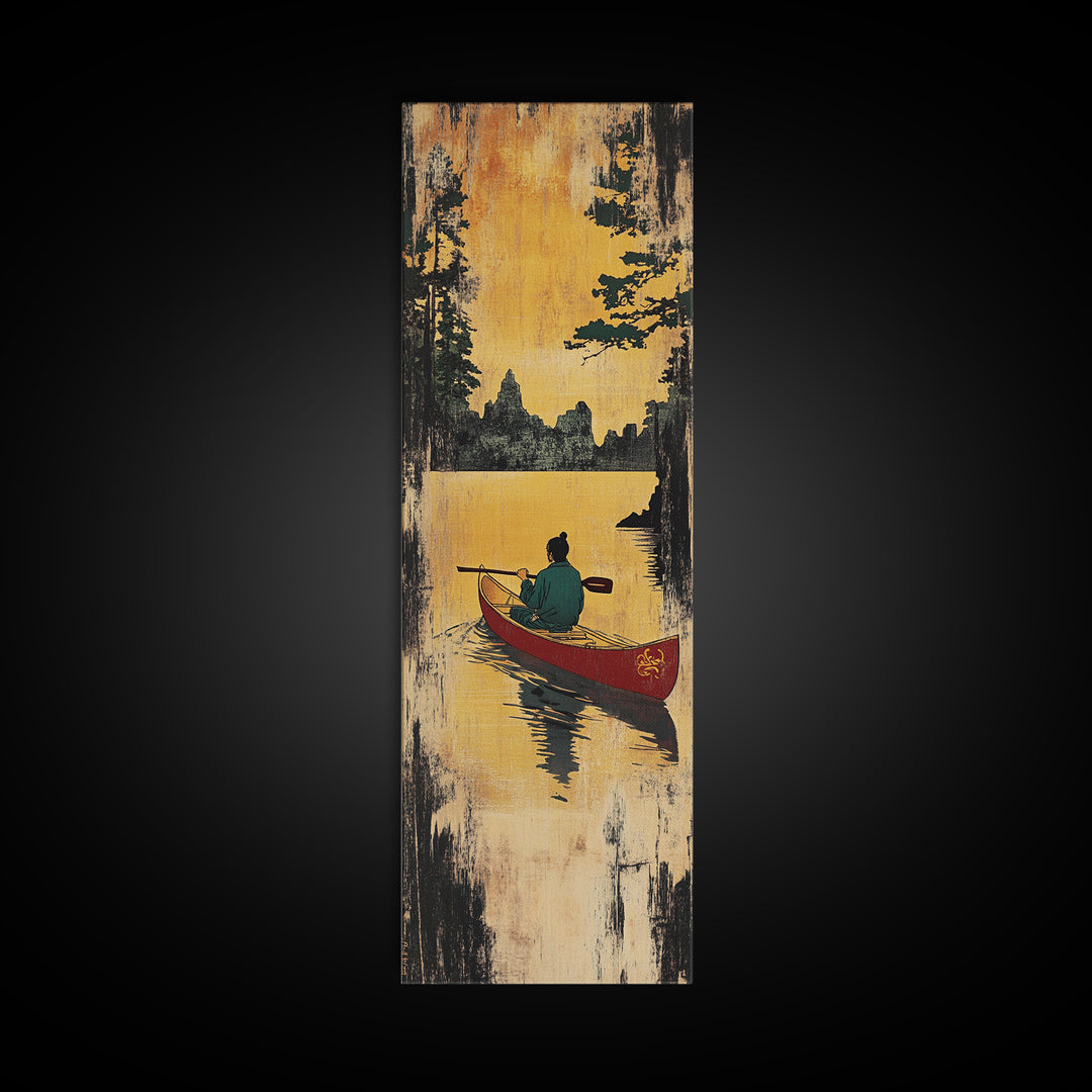 Golden Sunset Canoe Lake Wall Art, Rustic Cabin Canvas Print, Forest Landscape Decor, Peaceful Nature Art For Living Room