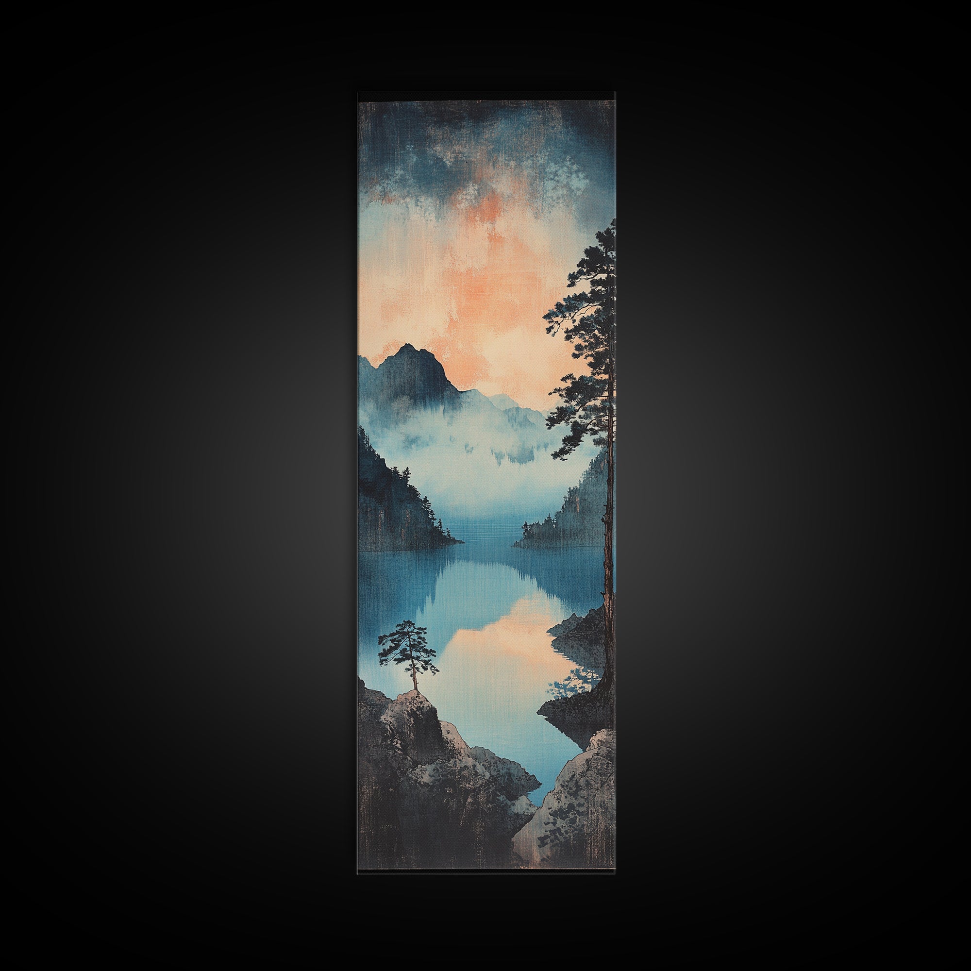 Misty Blue Mountain Lake Wall Art, Japanese Landscape Print, Serene Nature Decor, Long Narrow Canvas For Living Room Wall Decor