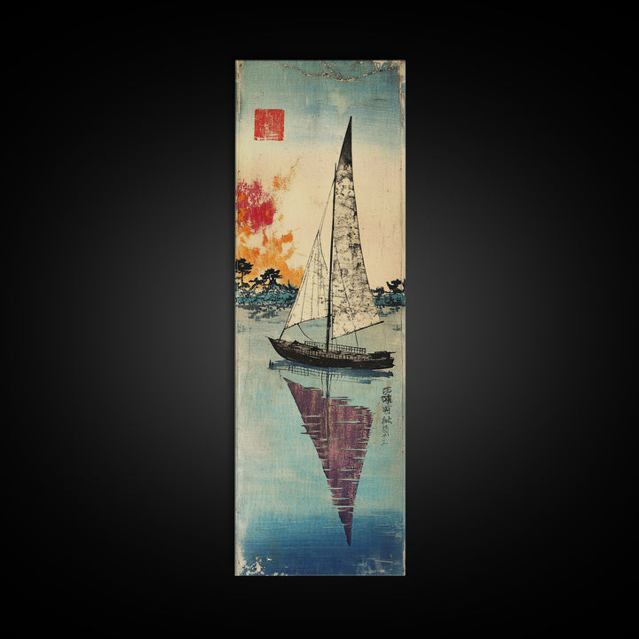 White Sailboat Reflected On Calm Blue Water Wall Art, Japanese Coastal Print, Nautical Decor, Long Narrow Living Room Art