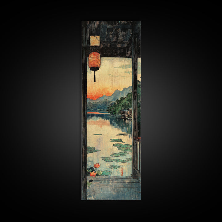 Lantern Window Over Lotus Lake Framed Canvas Print, Japanese Landscape Wall Art, Zen Home Decor, Long Narrow Asian Print