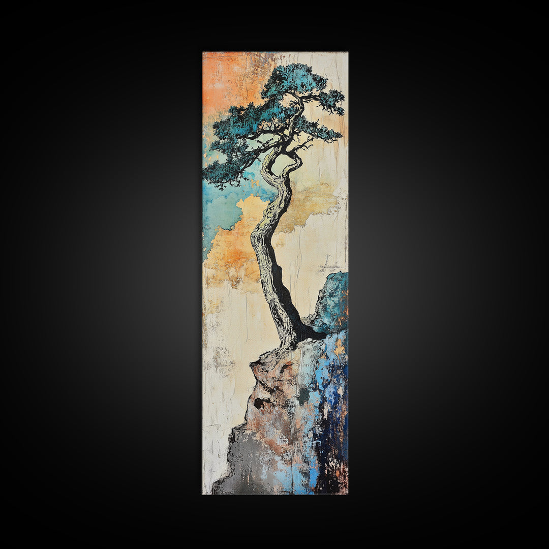 Twisted Pine Tree On Rocky Cliff Wall Art, Japanese Nature Print, Rustic Asian Decor, Long Narrow Minimalist Canvas Wall Decor