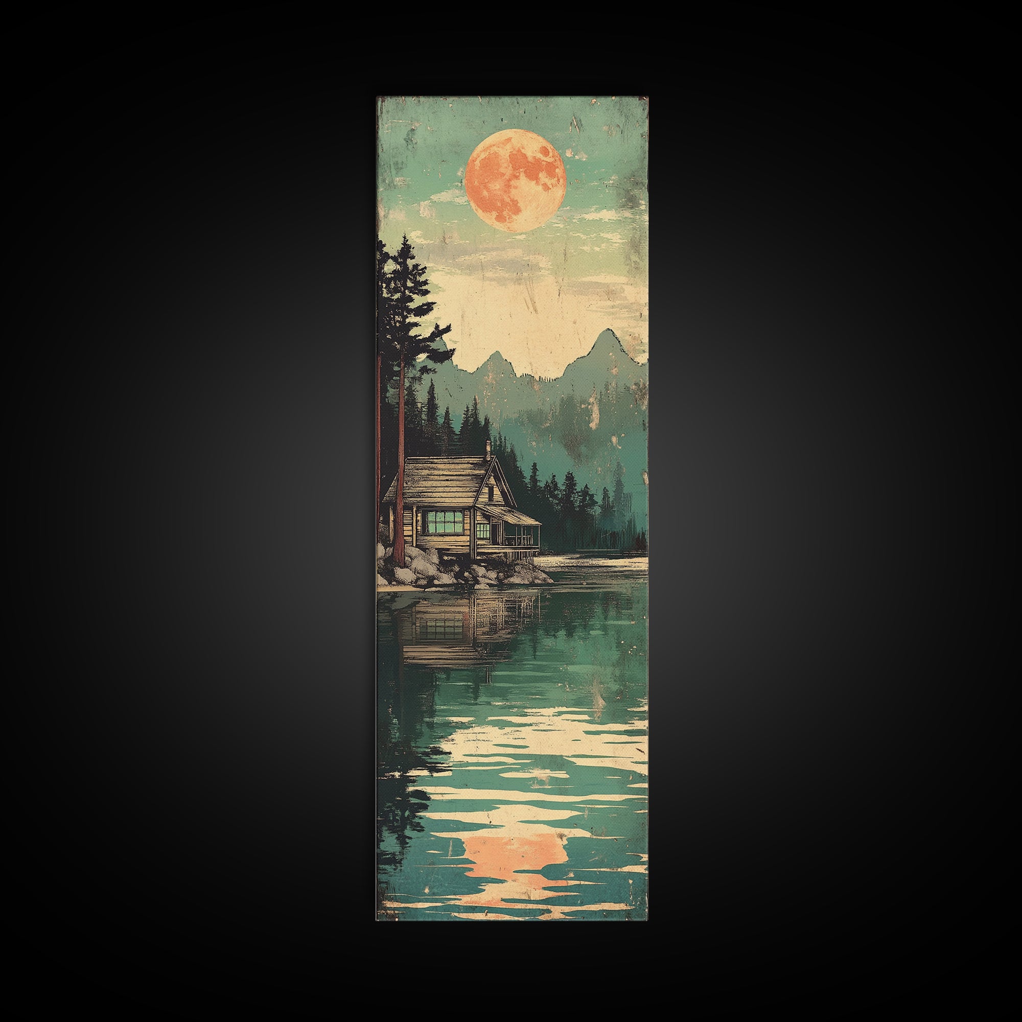 Full Moon Cabin Beside Green Lake Wall Art, Japanese Landscape Print, Cozy Rustic Decor, Long Narrow Mountain Lake Canvas Art