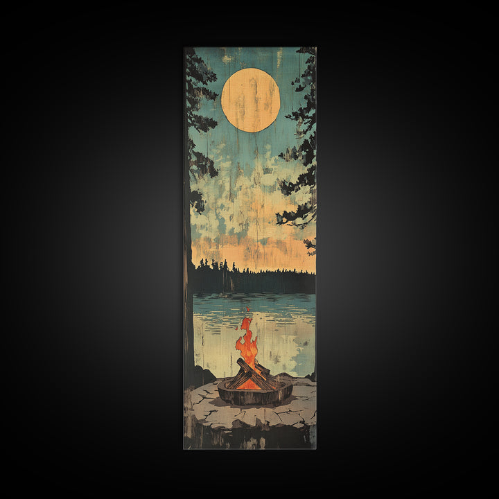 Moonlit Campfire By Quiet Lake Wall Art, Rustic Cabin Decor, Nature Landscape Print, Cozy Lodge Gift, Vertical Canvas Print, Home Decor