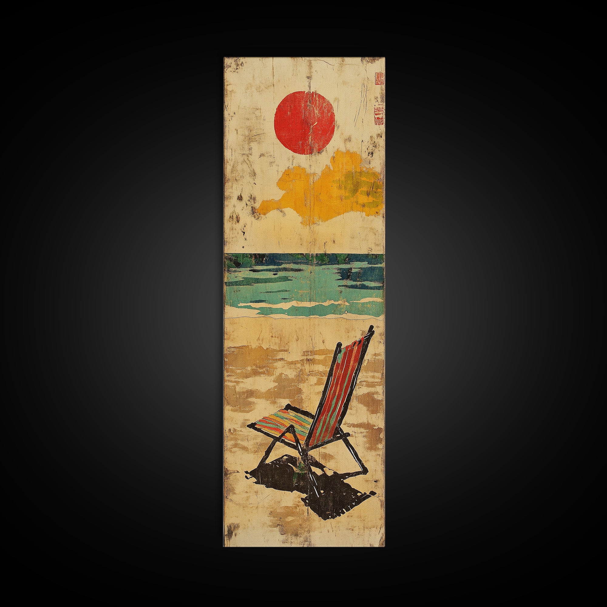 Striped Beach Chair Under Red Sun Canvas Print, Coastal Wall Art, Beach House Decor, Summer Ocean Print, Gift For Her, Home Decor