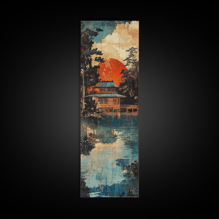 Japanese Lakeside Temple At Sunset Framed Canvas Print, Japandi Wall Art, Asian Landscape, Zen Home Decor, Housewarming Gift