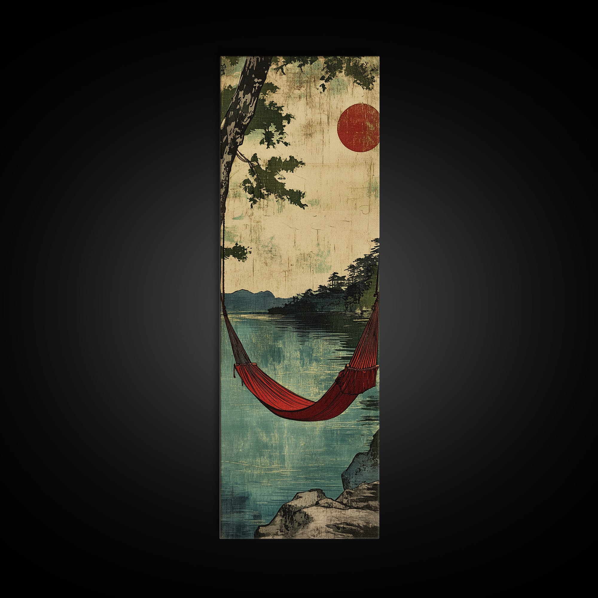 Red Hammock Over Serene Lake Wall Art, Japandi Landscape Print, Rustic Cabin Decor, Nature Wall Decor, Calming Home Decor Gift