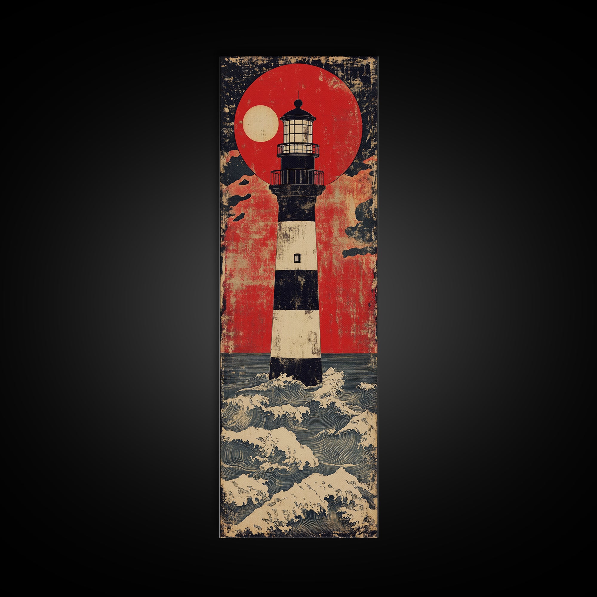 Striped Lighthouse Beneath Red Sun Wall Art, Nautical Canvas Print, Ocean Wall Decor, Coastal Home Decor, Statement Gift