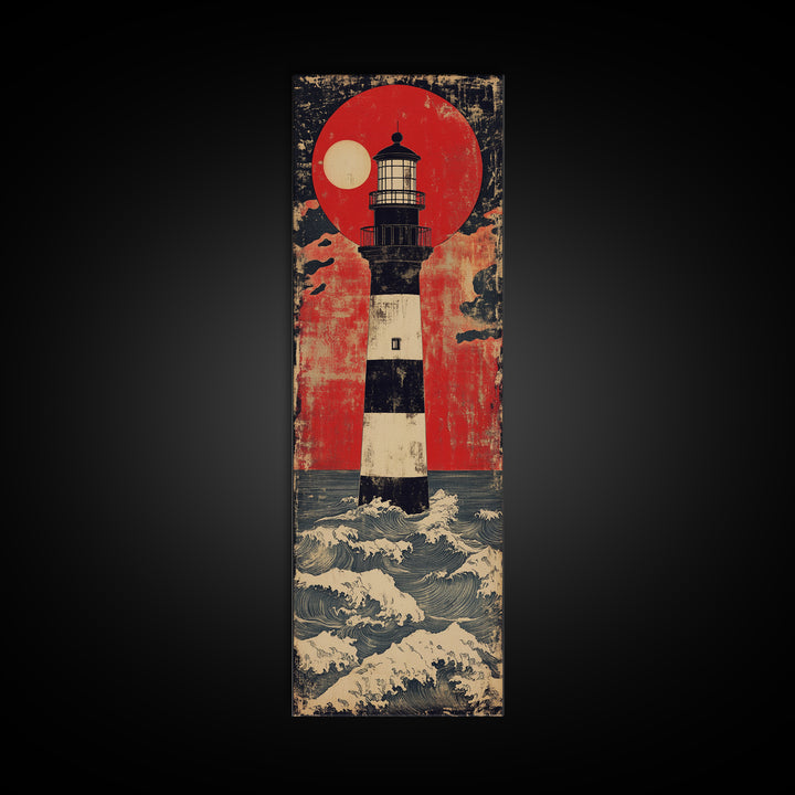 Striped Lighthouse Beneath Red Sun Wall Art, Nautical Canvas Print, Ocean Wall Decor, Coastal Home Decor, Statement Gift
