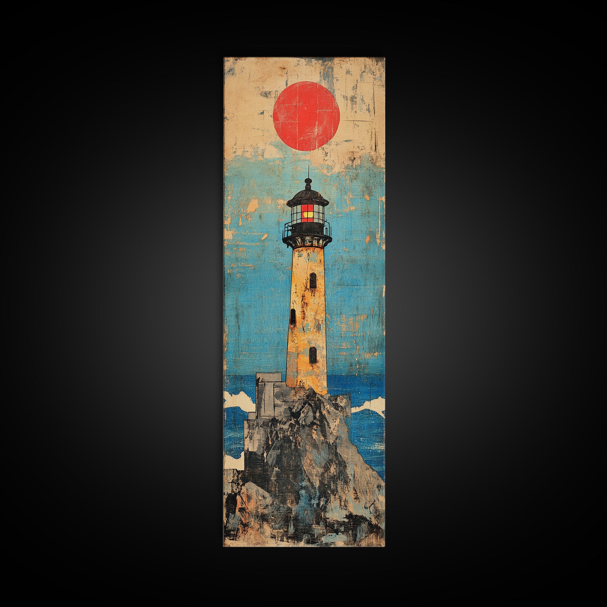 Rocky Island Lighthouse With Red Sun Canvas Print, Coastal Wall Art, Nautical Decor, Ocean Landscape, Large Wall Decor Gift