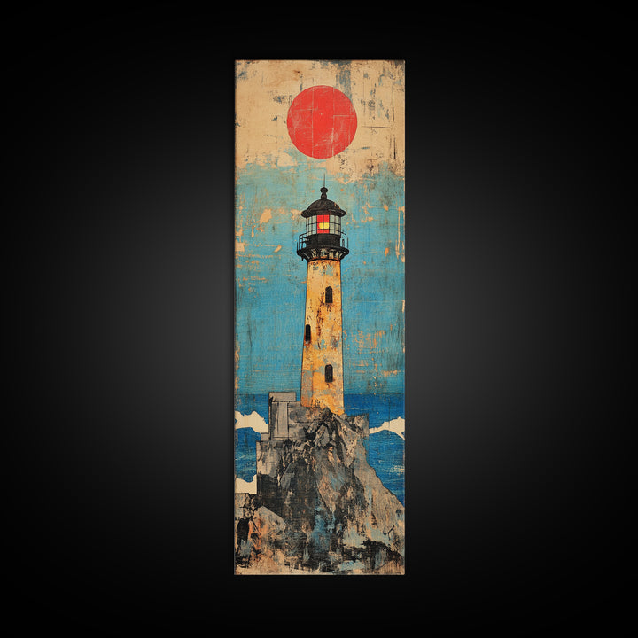 Rocky Island Lighthouse With Red Sun Canvas Print, Coastal Wall Art, Nautical Decor, Ocean Landscape, Large Wall Decor Gift