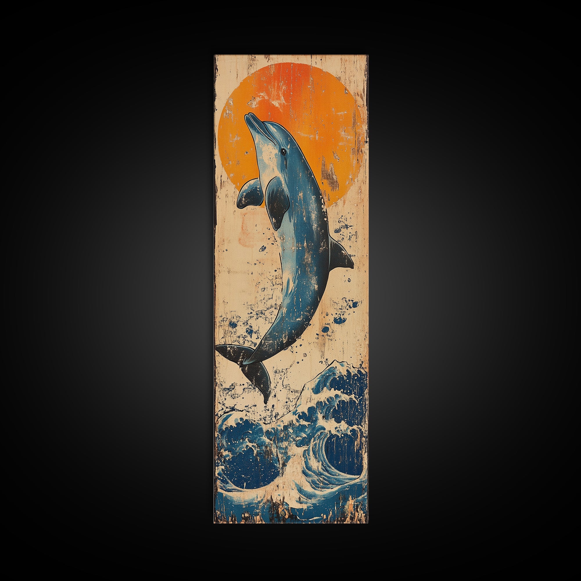 Jumping Dolphin Ocean Wall Art, Japanese Wave Canvas Print, Coastal Beach Decor, Orange Sun Nautical Art Print, Gift For Her