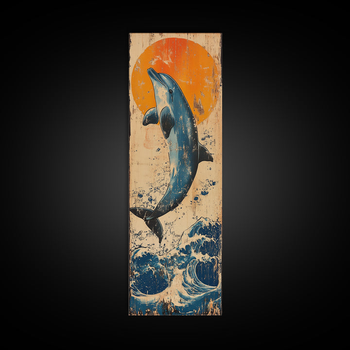 Jumping Dolphin Ocean Wall Art, Japanese Wave Canvas Print, Coastal Beach Decor, Orange Sun Nautical Art Print, Gift For Her