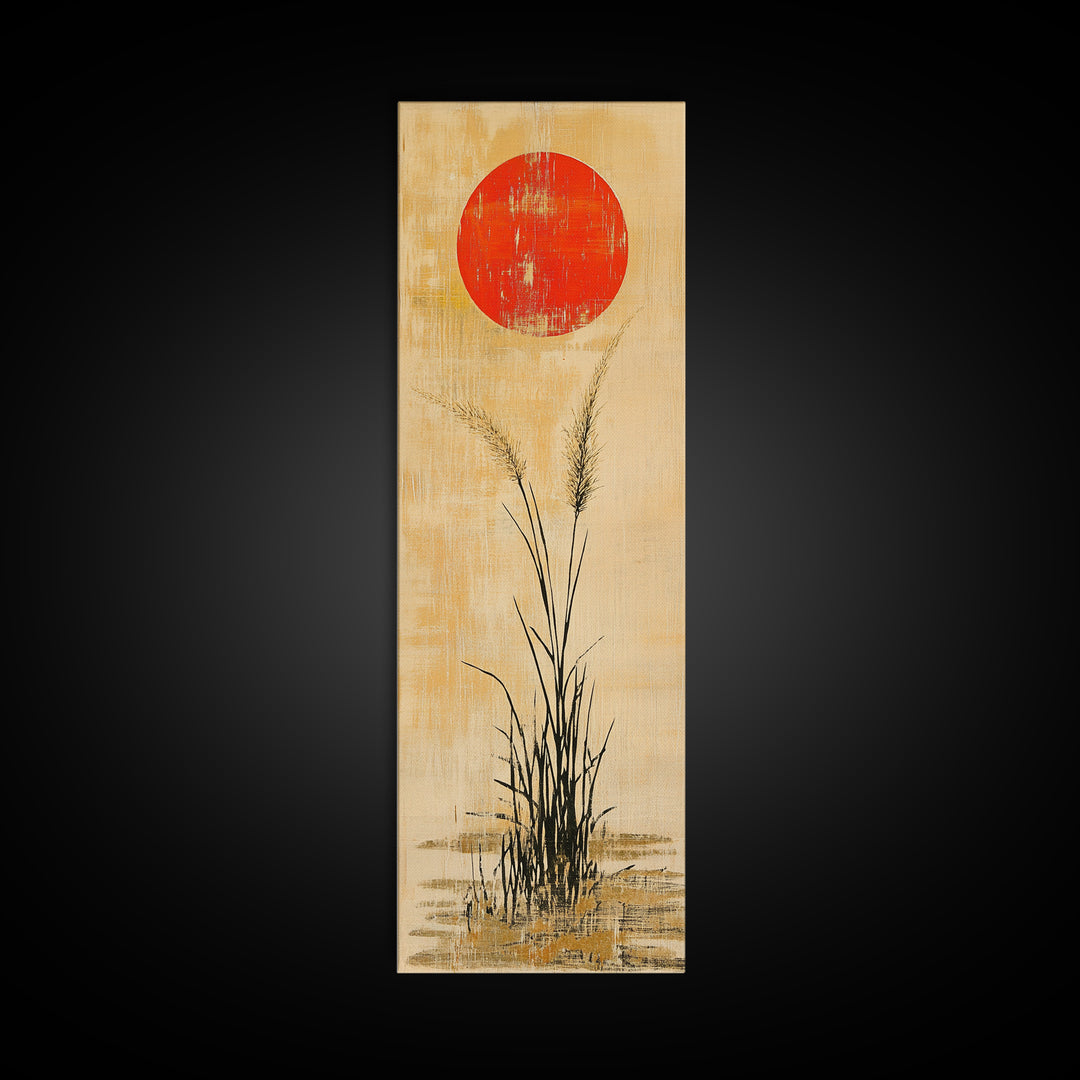 Red Sun Grass Minimalist Wall Art, Japanese Landscape Canvas Print, Wabi Sabi Decor, Neutral Wall Decor, Zen Home Decor Print