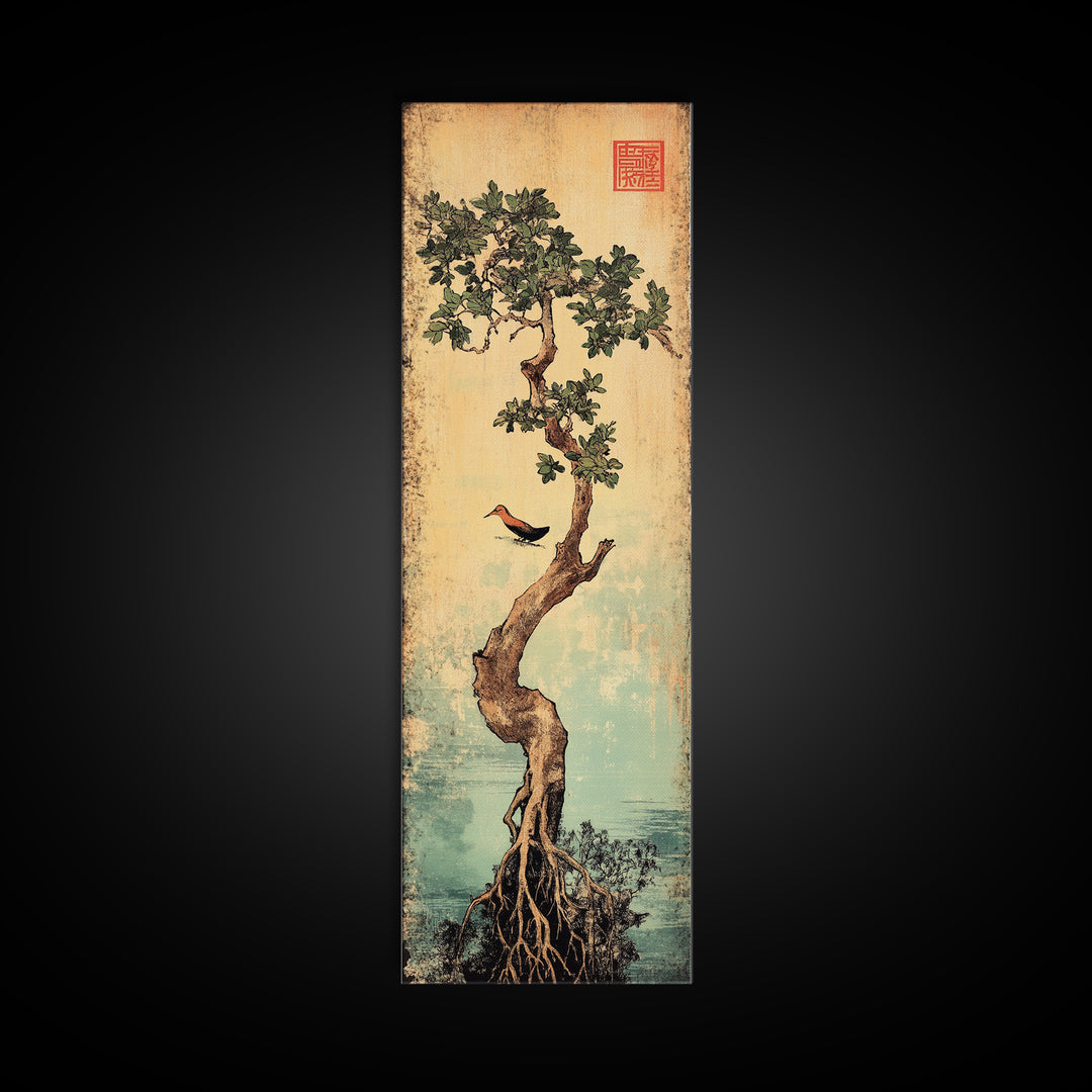 Bonsai Tree With Exposed Roots Wall Art, Japanese Botanical Canvas Print, Zen Nature Decor, Bird Wall Art, Wabi Sabi Decor