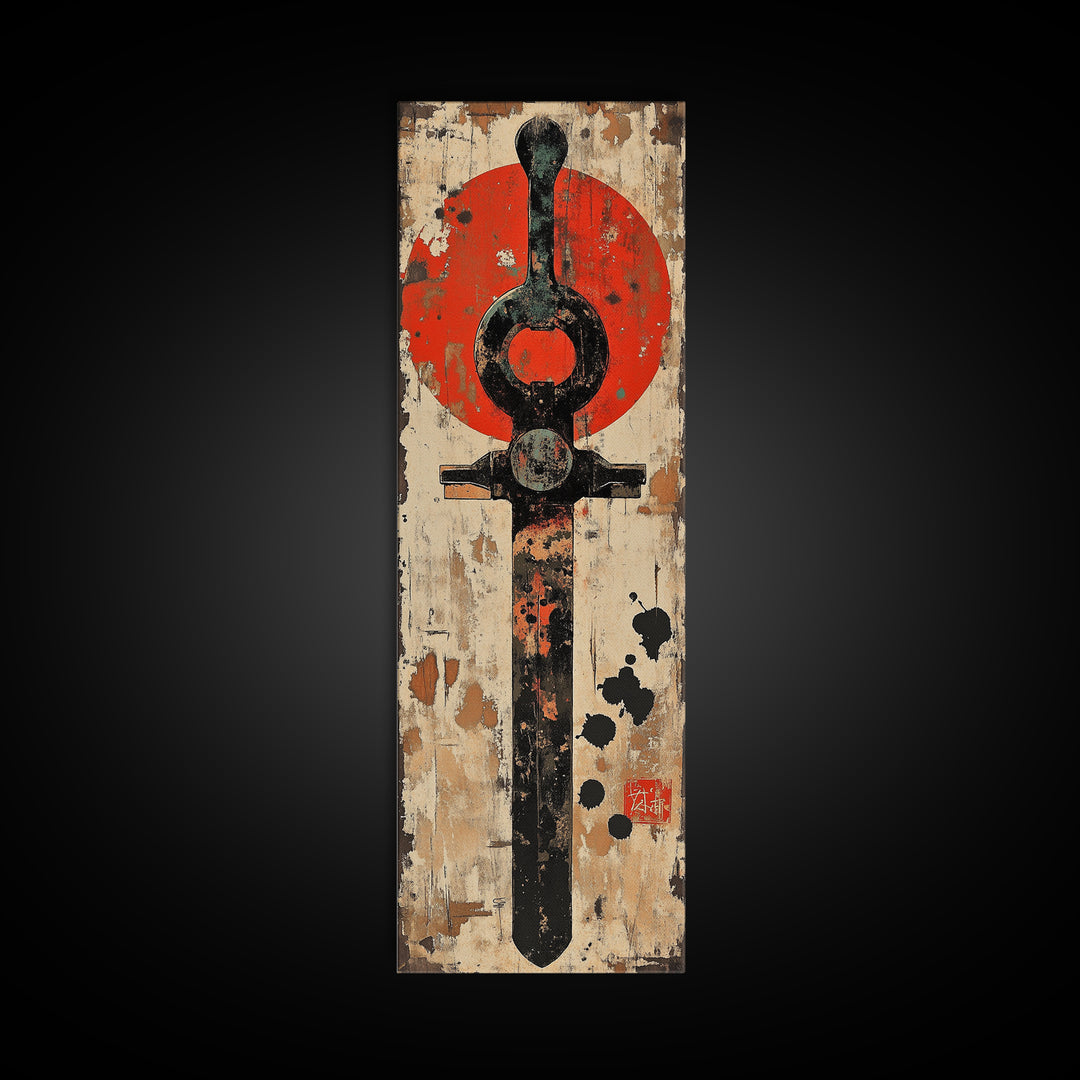 Rustic Samurai Sword With Red Sun Canvas Print, Japanese Wall Art, Martial Arts Decor, Masculine Office Wall Decor, Gift For Him