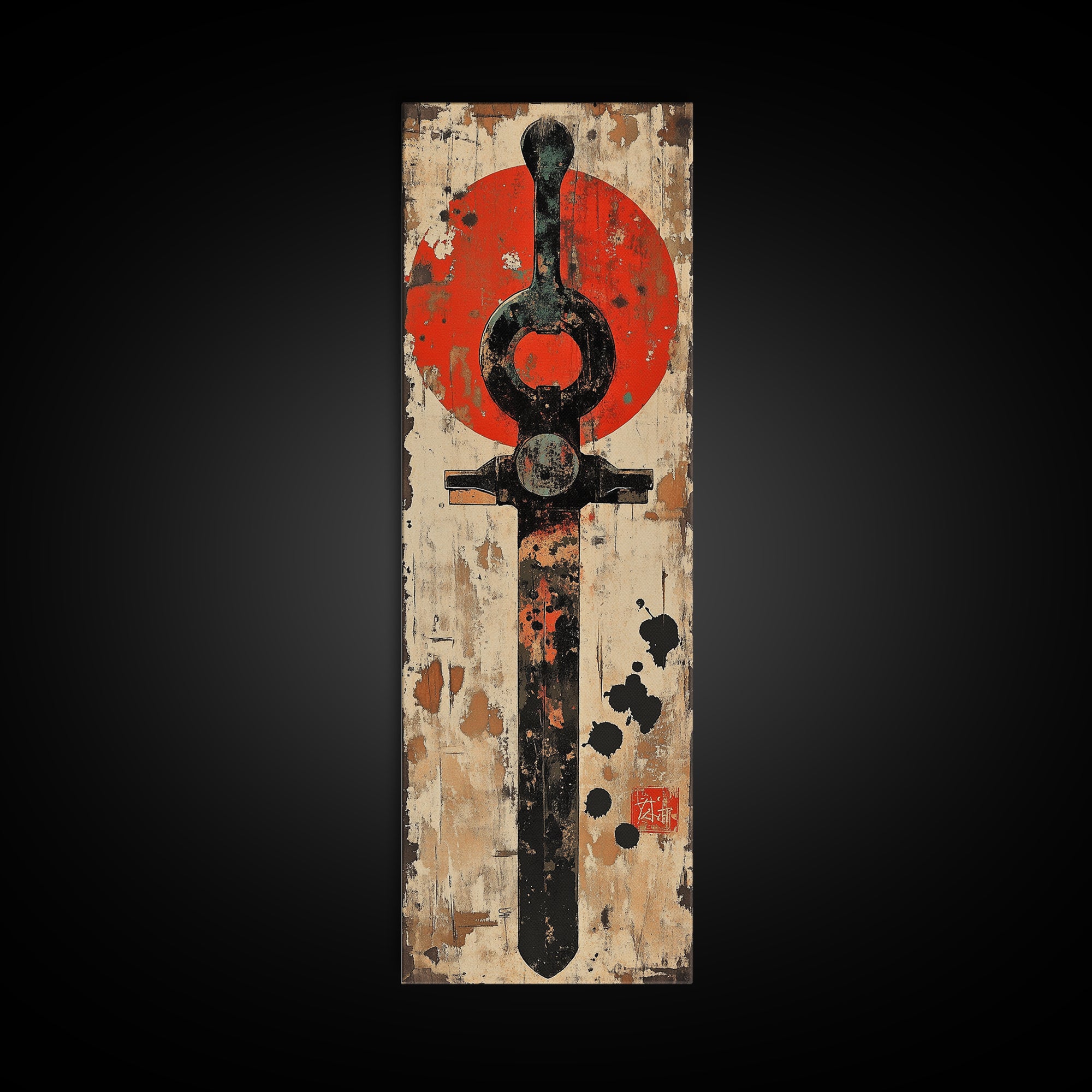 Rustic Samurai Sword With Red Sun Canvas Print, Japanese Wall Art, Martial Arts Decor, Masculine Office Wall Decor, Gift For Him