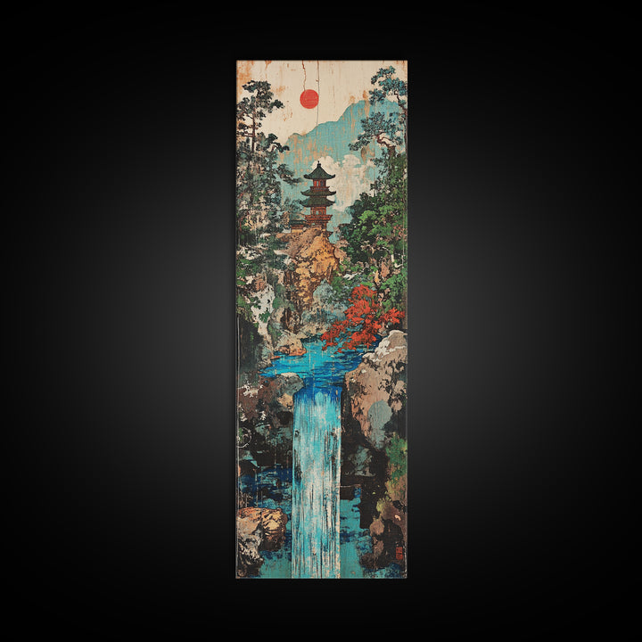 Pagoda Waterfall In Misty Mountain Forest Framed Canvas Print, Japanese Wall Art, Zen Decor, Japandi Landscape, Living Room Art