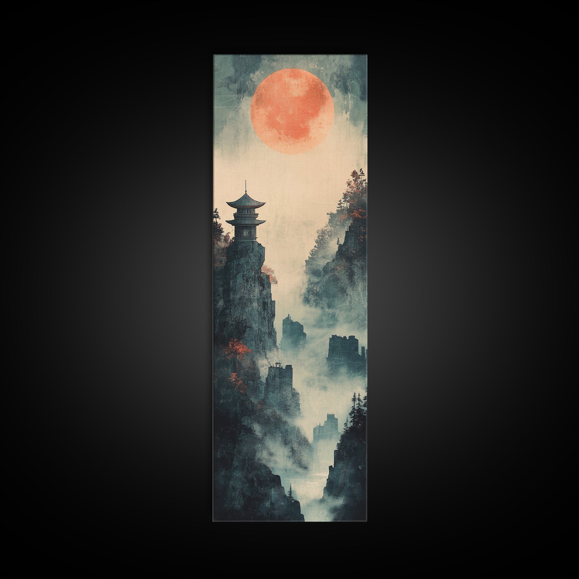 Misty Pagoda Cliffs Under Coral Moon Framed Canvas Print, Japanese Wall Art, Zen Landscape Decor, Moody Wall Decor, Gift For Her