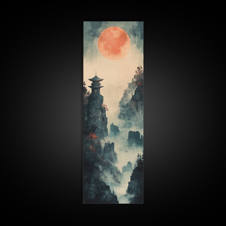 Misty Pagoda Cliffs Under Coral Moon Framed Canvas Print, Japanese Wall Art, Zen Landscape Decor, Moody Wall Decor, Gift For Her