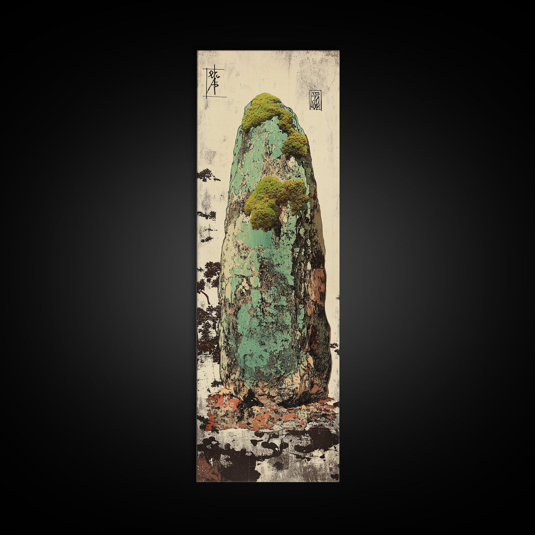 Mossy Zen Stone Monolith Wall Art, Japanese Wabi Sabi Landscape Print, Tall Narrow Canvas For Meditation Room Decor Gift