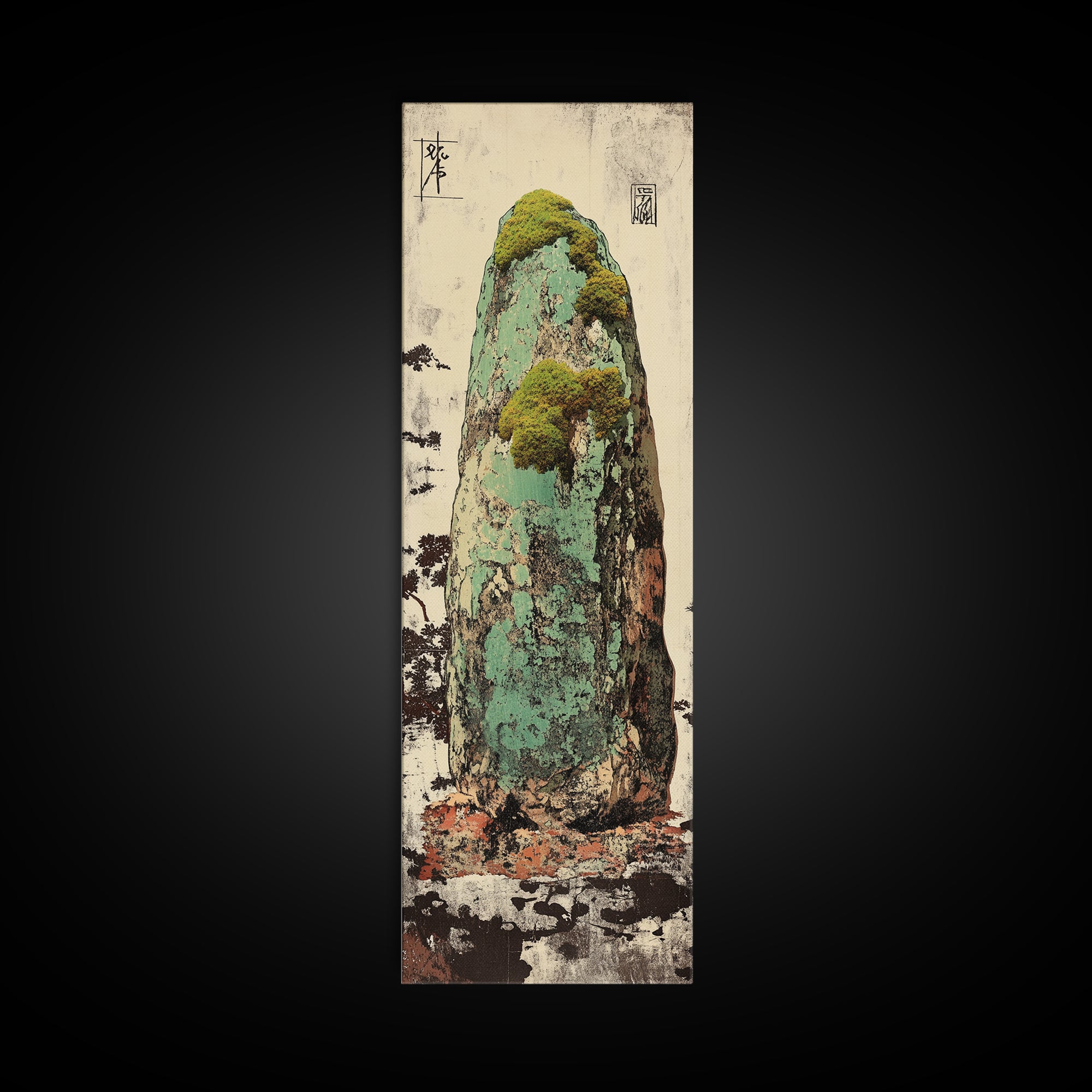 Mossy Zen Stone Monolith Wall Art, Japanese Wabi Sabi Landscape Print, Tall Narrow Canvas For Meditation Room Decor Gift