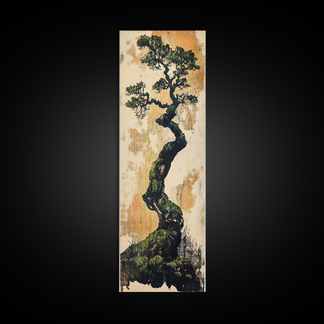 Twisted Bonsai Pine Tree Wall Art, Japanese Nature Print, Wabi Sabi Botanical Canvas For Japandi Living Room Decor Art Gift
