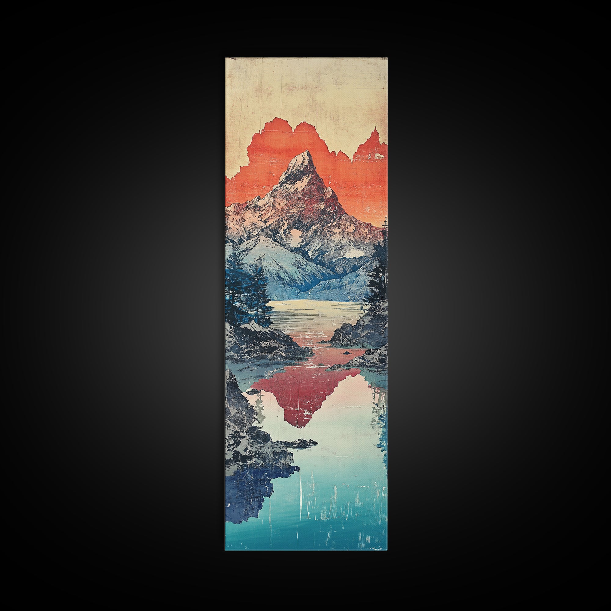 Snowy Mountain Lake Reflection Wall Art, Japanese Woodblock Landscape Print, Blue Teal Canvas For Cabin Living Room Decor