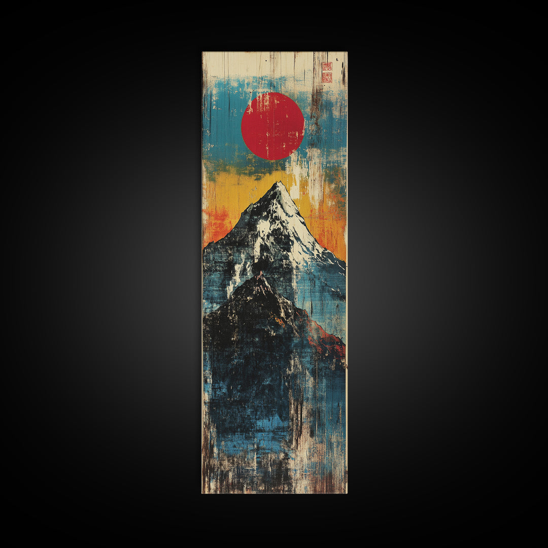 Red Sun Snowy Fuji Mountain Wall Art, Japanese Woodblock Landscape Print, Blue Abstract Canvas For Modern Japandi Decor Gift