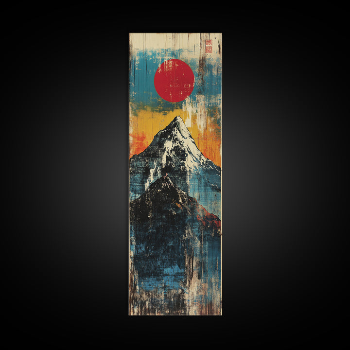 Red Sun Snowy Fuji Mountain Wall Art, Japanese Woodblock Landscape Print, Blue Abstract Canvas For Modern Japandi Decor Gift