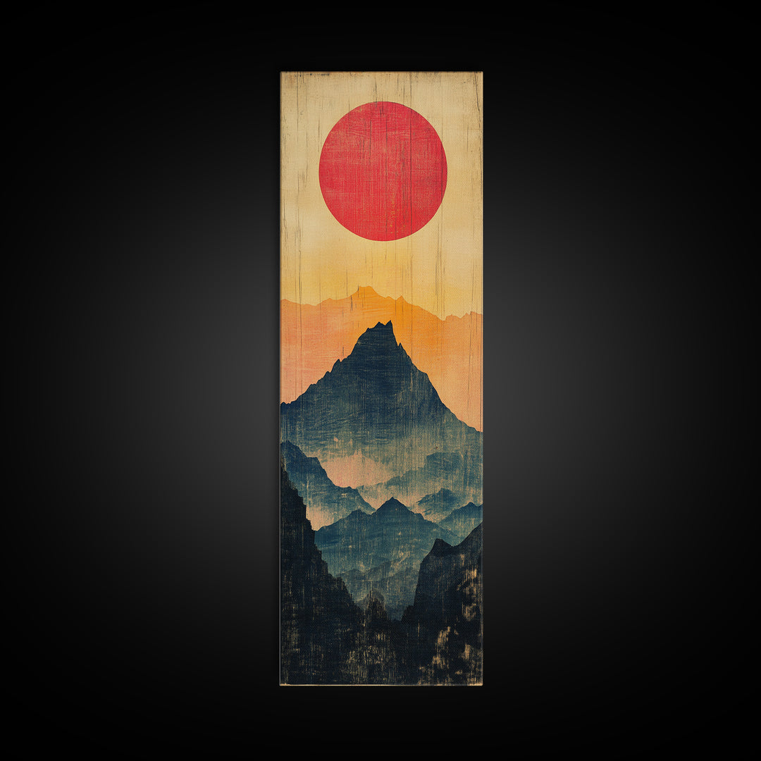 Red Sun Layered Mountain Silhouette Wall Art, Minimalist Japanese Landscape Print, Tall Narrow Canvas For Zen Home Decor