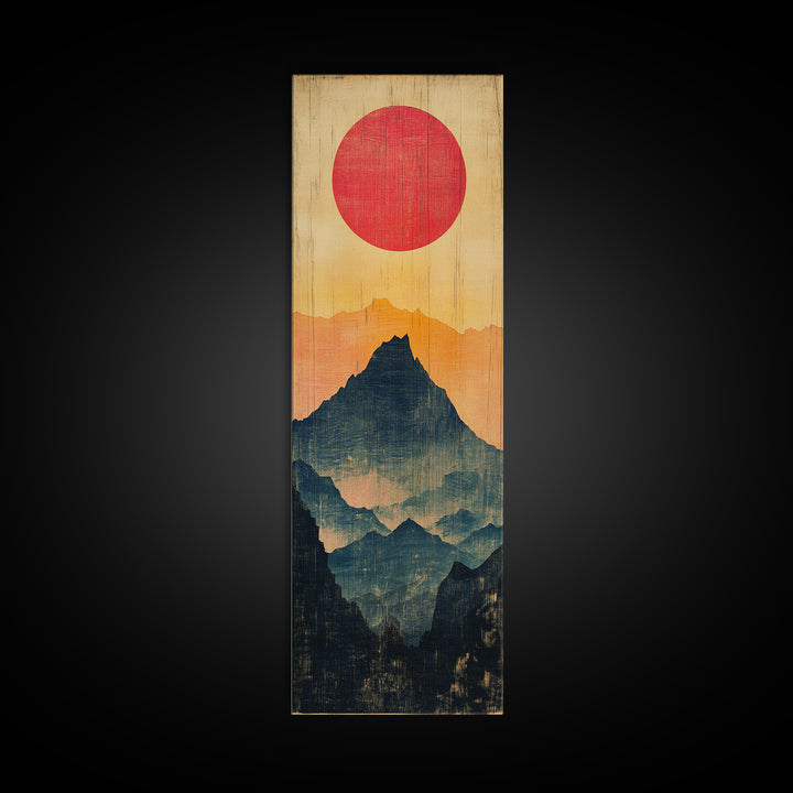 Red Sun Layered Mountain Silhouette Wall Art, Minimalist Japanese Landscape Print, Tall Narrow Canvas For Zen Home Decor