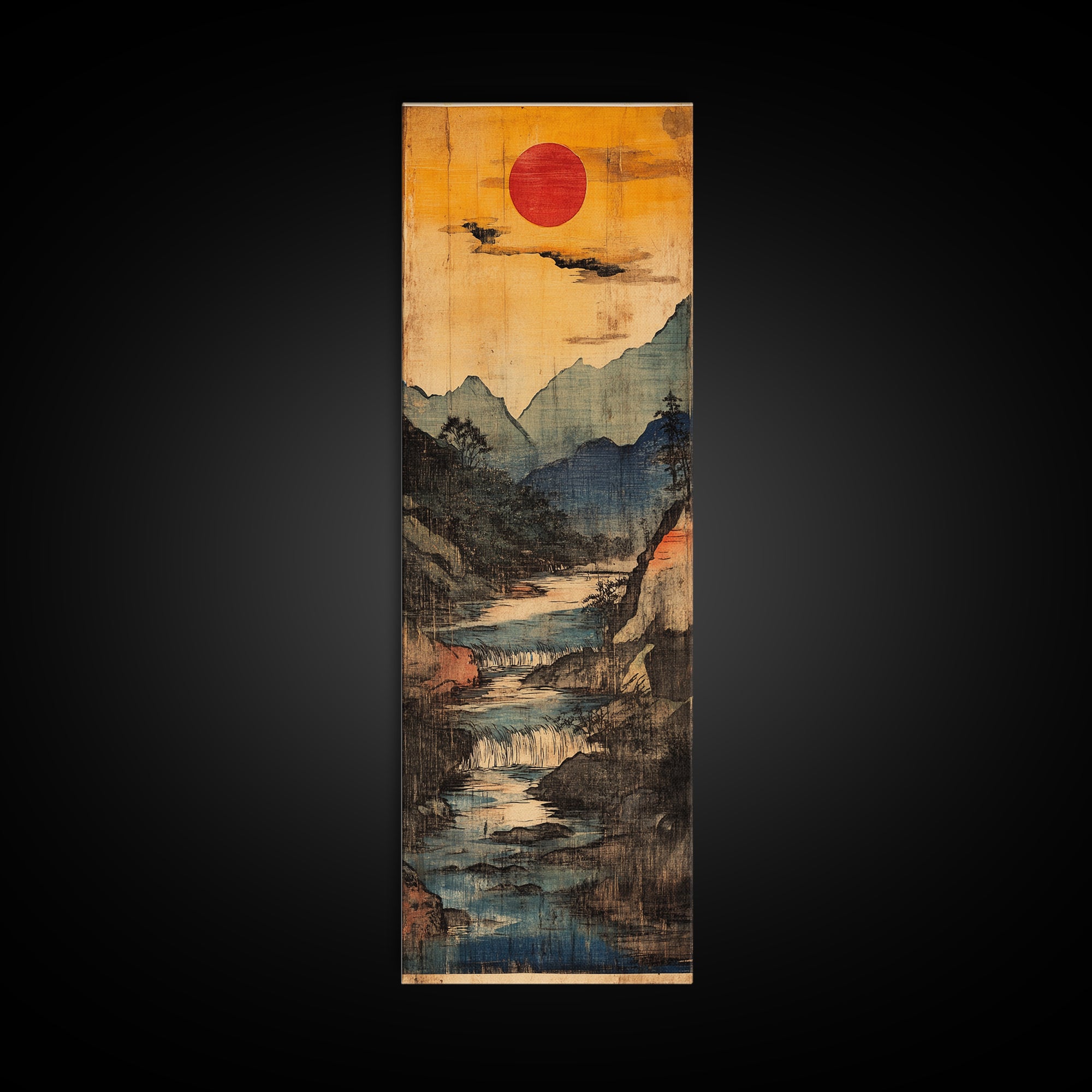 Red Sun Mountain River Wall Art, Japanese Waterfall Landscape Print For Japandi Home Decor And Serene Office Decor Poster