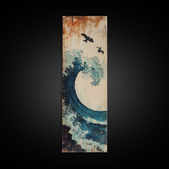 Teal Ocean Wave With Flying Birds Wall Art, Japanese Coastal Print For Bathroom Decor, Beach House Decor, And Gallery Wall