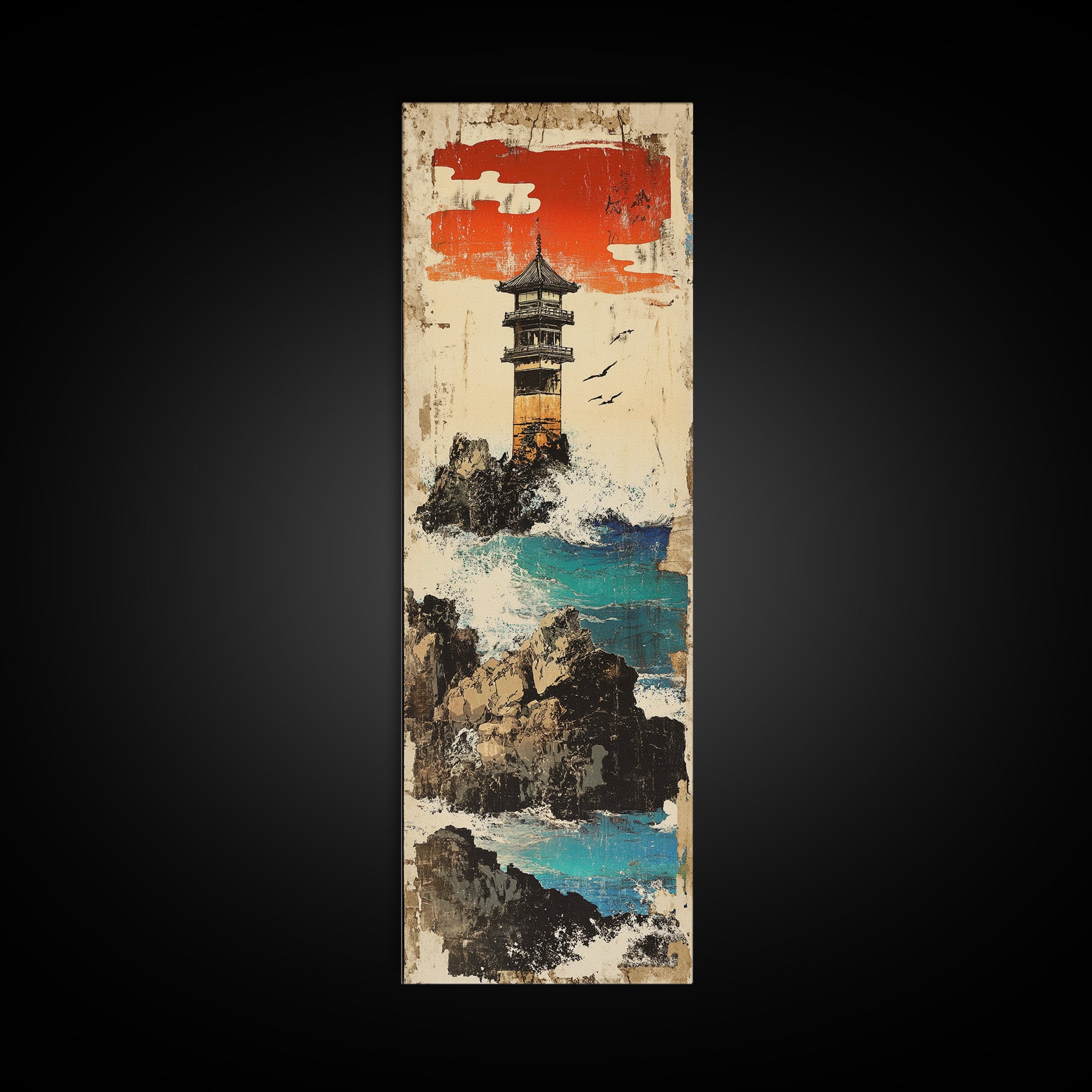 Cliffside Lighthouse Turquoise Sea Wall Art, Japanese Coastal Landscape Print For Beach House Decor And Nautical Office Decor