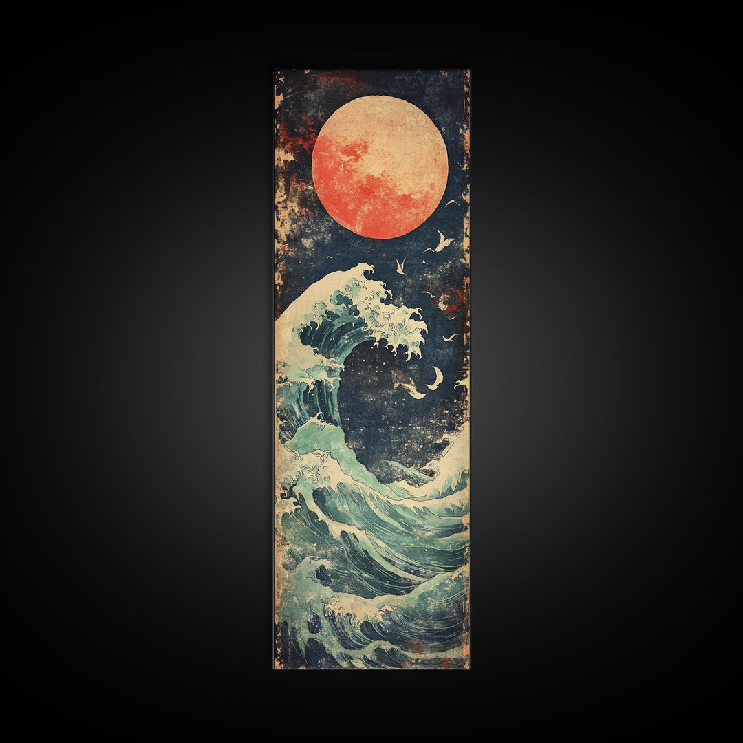 Full Moon Ocean Wave With Birds Framed Canvas Print, Japanese Coastal Wall Art For Beach House Decor And Moody Bedroom Decor