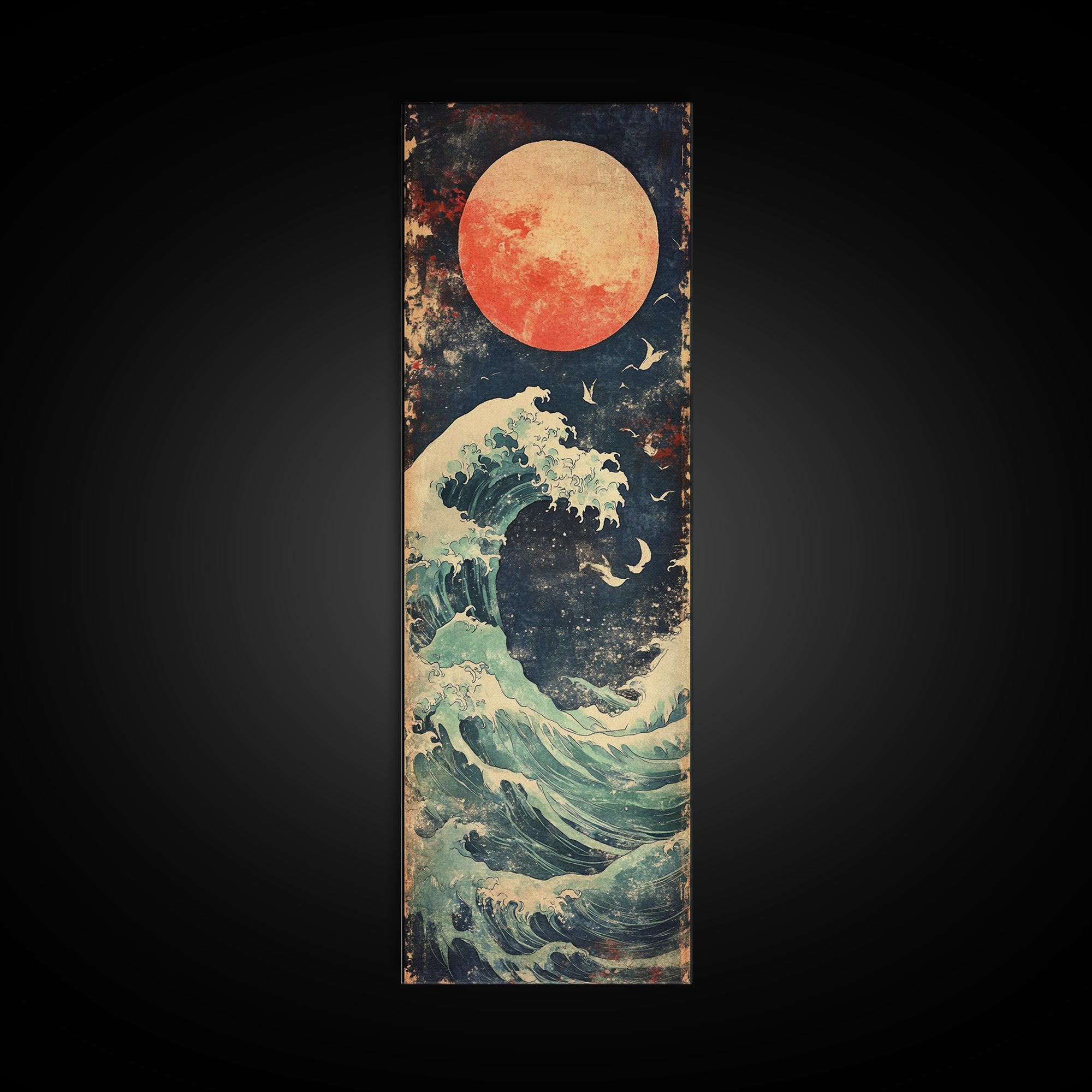 Full Moon Ocean Wave With Birds Framed Canvas Print, Japanese Coastal Wall Art For Beach House Decor And Moody Bedroom Decor